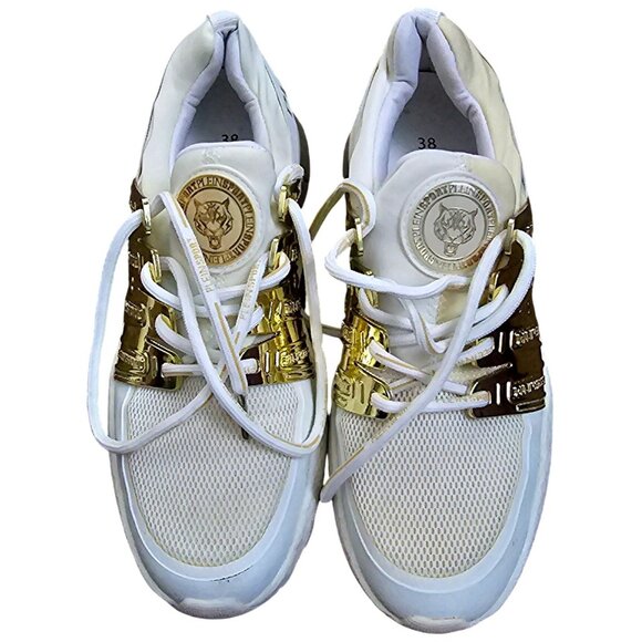 Philipp Plein Sport Women's White & Gold Sneakers Size 38 Mesh & Leather (No Box - Picture 1 of 10